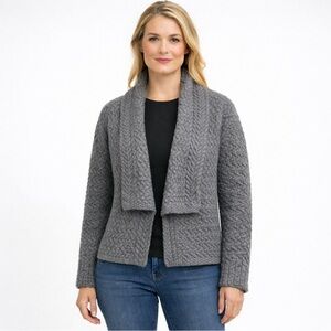 Irelands Eye Aran Gray Open Front Cardigan Sweater Large Wool Fisherman Cozy
